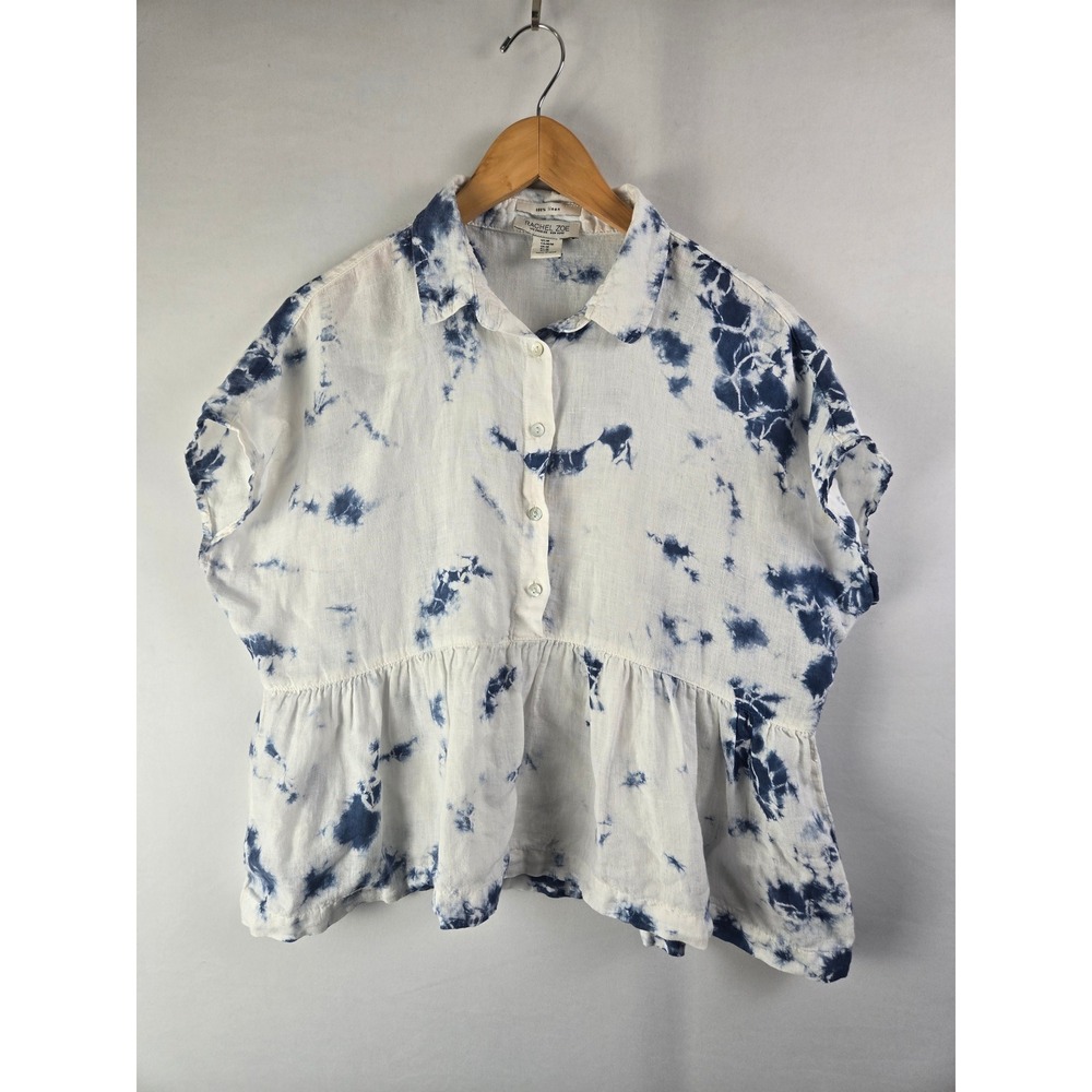 Rachel Zoe Linen Tie Dye Peplum Top Blue White Short Sleeve Button Up Womens M